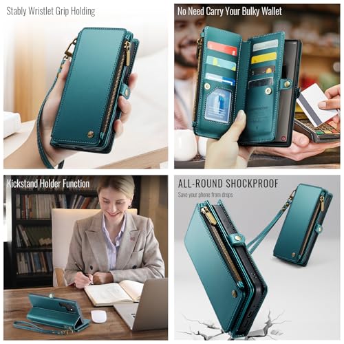 Defencase for Samsung Galaxy S23 Ultra Wallet Case with Card Holder, Green | Durable PU Leather, with RFID Blocking Zipper Pocket, Wrist Strap, S23 Ultra Flip Phone Cases Cover with Stand for Women Men - color: Fashion Blue Green