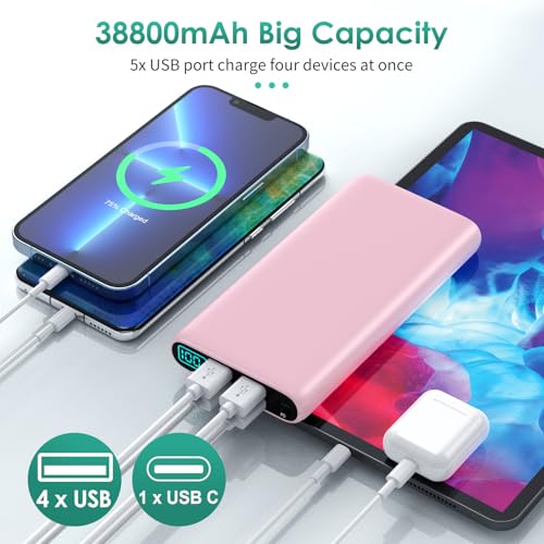 Portable Charger 38800mAh,LCD Display Power Bank,5 USB Outputs Battery Pack Backup, USB-C 3A in&out Travel Essential Portable Phone Charger For iPhone 18 Pro Max/17/16/15,Android Samsung Galaxy-Pink - color: Pink