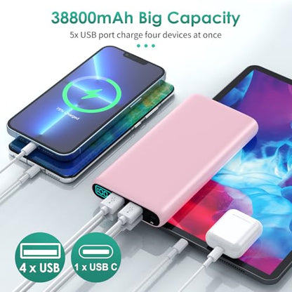 Portable Charger 38800mAh,LCD Display Power Bank,5 USB Outputs Battery Pack Backup, USB-C 3A in&out Travel Essential Portable Phone Charger For iPhone 18 Pro Max/17/16/15,Android Samsung Galaxy-Pink - color: Pink
