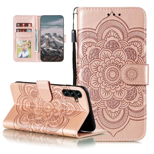 EYZUTAK Case for Samsung Galaxy A15 4G/5G, Premium Leather Magnetic Closure Flip Wallet Phone Case with Card Holder Cash Slot Stand Function Embossed Mandala Flower Shockproof Lanyard Cover -Rose Gold - color: Rose Gold, size: Samsung Galaxy A15 4G/5G