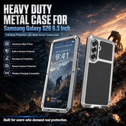Metal Case for Samsung Galaxy S26 Case 6.3",Full Body Protective Cover Heavy Duty Shockproof [Tough Armour] Aluminum Alloy Case with Silicone Built-in Screen Protector - Silver - color: Silver