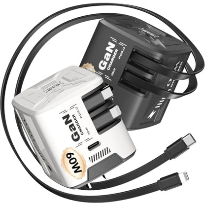 W & O 60W Gan Fast Charger Wall Plug, Built-in Retractable USB-C & L Cables - color: white+black