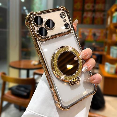 Magnetic Case for iPhone 17 Pro Max Clear with Shiny Invisible Kickstand Ring Makeup Mirror Luxury Plating Soft TPU Four Corners Air Cushion Shockproof Protective Phone Cover 6.9", Gold - color: Gold, size: For iPhone 17 Pro Max 6.9"