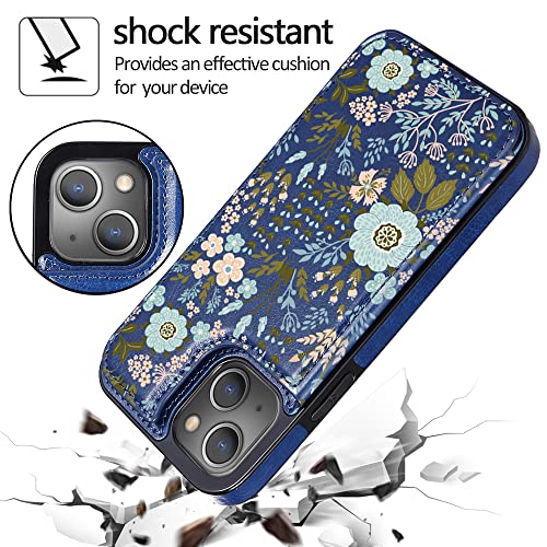 uCOLOR for iPhone 13/14 Wallet Case with Card Holder Navy Flowers | PU Leather RFID Blocking for Women Men Magnetic Clasp Kickstand 6.1 - color: Navy Flowers