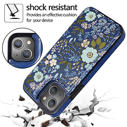 uCOLOR for iPhone 13/14 Wallet Case with Card Holder Navy Flowers | PU Leather RFID Blocking for Women Men Magnetic Clasp Kickstand 6.1 - color: Navy Flowers