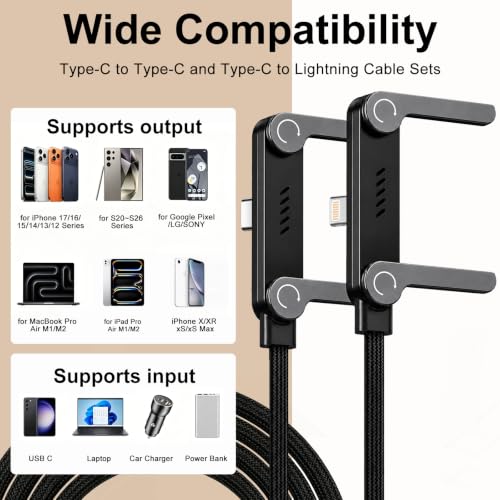 2 Pack USB C to C/Lightning Invisible Holder Charger Cable, 240W 90° Right Angle Fast Charging Cable & Phone Holder 2-in-1, Sideways Flat Phone Charger with Stand for iPhone 17/16/15/14/13/Android