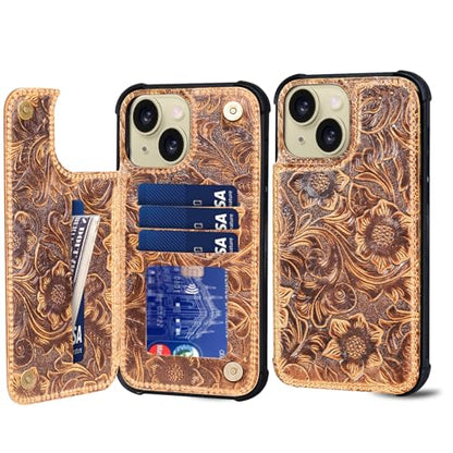 Wallet Real Leather Case Compatible with iPhone 15 Plus 6.7" Brown | Genuine Leather,Shockproof,Anti-Fall Case,Flip Cover,with Card Slot,Double Magnetic Buckle,Kickstand,RFID Blocking Brown - color: Brown, size: 6.7"-15 Plus