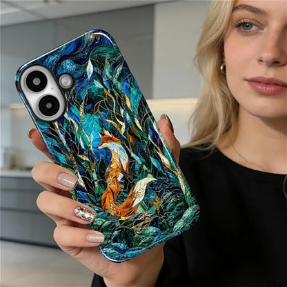Case Compatible with iPhone 16 Plus, Cute Dual Layer Hybrid Phone Cover, Military Grade Drop Protection, Aesthetic Shockproof Phone Case for Women Girls, Woodland Fox Stained Glass - color: Woodland Fox Stained Glass, size: Iphone 16 Plus