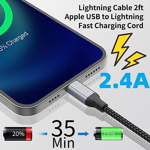 2 FT iPhone Charging Cable, 2 Pack [MFi Certified] USB to Lightning Cable 2ft for Car Fast Charging Braided Short iPhone Cord Compatible with Apple iPhone 14/13/12/11Pro/X/XR/8/7/6s/Plus/SE/iPad - size: 2FT