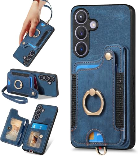 for Samsung Galaxy S25 FE Case Wallet with Card Slots Blue | PU Leather Flip Folio Cover,RFID Blocking Ring Holder,Kickstand,Wrist Strap,Shockproof,Magnetic Protective,Women Men Girls - color: Blue, size: Galaxy S25 FE 6.7 Inch