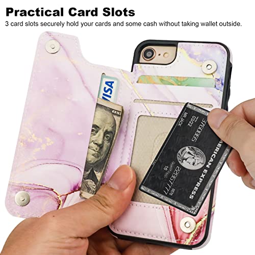 HAOPINSH for iPhone SE(2022) iPhone SE(2020) iPhone 7/8 Wallet Case with Card Holder, Pink Marble Back Flip Case PU Leather Kickstand Card Slots, Double Magnetic Clasp Shockproof 4.7" - color: Pink Marble