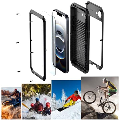 for iPhone 16E Metal Case,Heavy Duty Shockproof Aluminum Alloy Tough Armour Military Grade Phone Case for iPhone 17E,Full Body Protective Cover with Silicone Built-in Screen Protector-Black - color: Black