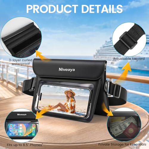 Niveaya Double Space Waterproof Fanny Pack, IPX8 Waterproof Dry Bag Waist Pouch for Beach, Kayaking, Swimming, Boat Travel Essentials, Waterproof Phone Bag & Passport Holder for Women Men(2 Pack) - color: Black+Blue
