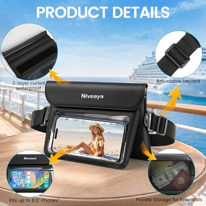 Niveaya Double Space Waterproof Fanny Pack, IPX8 Waterproof Dry Bag Waist Pouch for Beach, Kayaking, Swimming, Boat Travel Essentials, Waterproof Phone Bag & Passport Holder for Women Men(2 Pack) - color: Black+Pink