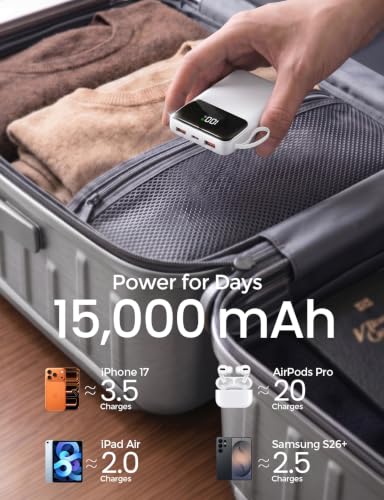 15000mAh Portable Charger Power Bank, Smaller Built-in 4 Cables White - color: White