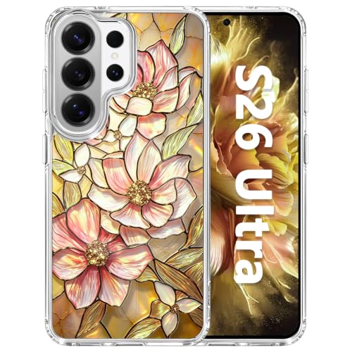 for Samsung Galaxy S26 Ultra Magnetic Case【Compatible with MagSafe】 Aesthetic Vintage Stained Glass Bloom Flower Design, Slim Fit Hard PC Back Shockproof Clear Phone Cover, Amber Peony - color: Amber Peony, size: Galaxy S26 Ultra