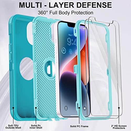 for iPhone 14 Case with 2 Screen Protector,Full Body Shockproof Drop Protection Dust Proof Heavy Duty 3-Layer Rugged Durable Military Grade Cover for Apple iPhone 14 6.1" (Mint) - color: Mint