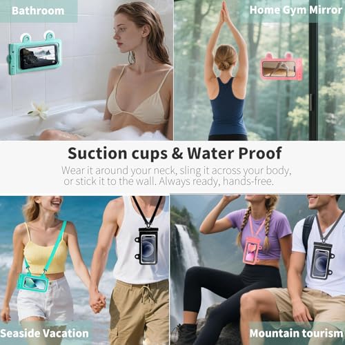 Larger Waterproof Phone Pouch iPhone &Shower Phone Holder Waterproof with 2 Suction Cups,Water Phone Protector Pouch with Adjustable Lanyard for iPhone 17 16 ProMax (Black+Pink, 2 PCS) - color: Black+Pink