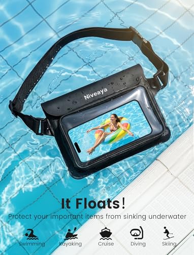 Niveaya IPX8 Floating Waterproof Fanny Pack Holds Phone, Passport & Cash | Large Capacity Touch Screen Adjustable Waist Strap for Kayaking, Paddle Boarding, Waterpark & Swimming Essentials - color: Translucent black&translucent black