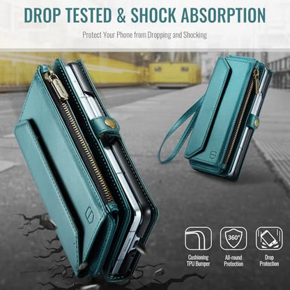 Strapurs Crossbody Wallet Case Compatible with Samsung Galaxy Z Fold 4 with RFID Blocking Card Holder & Pen Holder Slot Soft PU Leather Shoulder Strap Zipper Pocket Purse Fold 4 Phone Case, Blue Green | RFID Blocking 5-Card Holder, Shoulder Lanyard, Wirst