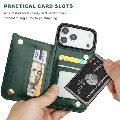 ONETOP for iPhone 17 Pro Max Wallet Case with Credit Card Holder,Green | Kickstand,ID/Cash Holder,Case Wallet with Card Slots,Double Magnetic Clasp,Durable PU Leather Shockproof Cover for Women Men - color: Green