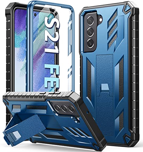 for Samsung Galaxy S21-FE Phone Case: Dual-Layer Military Grade Drop Proof Full Protection Cover with Kickstand | Durable Rugged Shockproof TPU Matte Textured Tough Protective Bumper Shell (Blue) | Rugged Kickstand, Military-Grade Drop Protection, Matte T