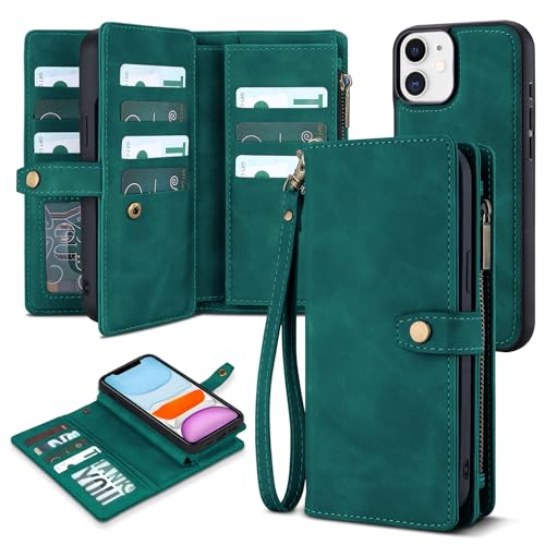 TwoHead for iPhone 11 Wallet case with 11 Card Holder (Green) | Detachable Magnetic Phone Case, PU Leather Wallet for Women/Men,Wireless Charging Compatible,with Wrist Strap - color: Green