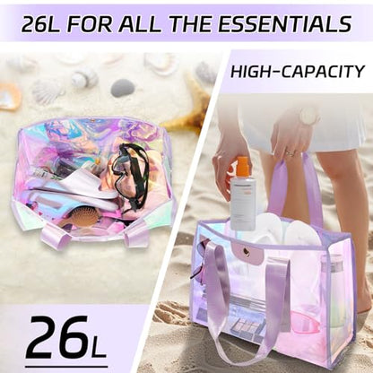 GolfFox Iridescent Beach Bag, 2Pack Jelly Beach Tote Bag with Phone Pouch | Large Beach Bag Waterproof Sandproof, Snap & Zipper Beach Tote ,Pink & Purple Clear Pool Swim Bag for Women, Beach Essentials - color: Purple & Pink Iridescent