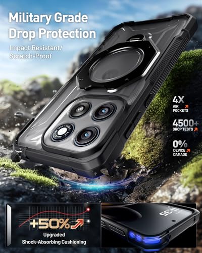 Poetic Rugged Case for Motorola Moto Edge 5G 2026, 360° Magnetic Ring Kickstand, Tempered Glass Screen Protector, Military Grade Shockproof, Wireless Charging Compatible Protective Cover, Black/Clear
