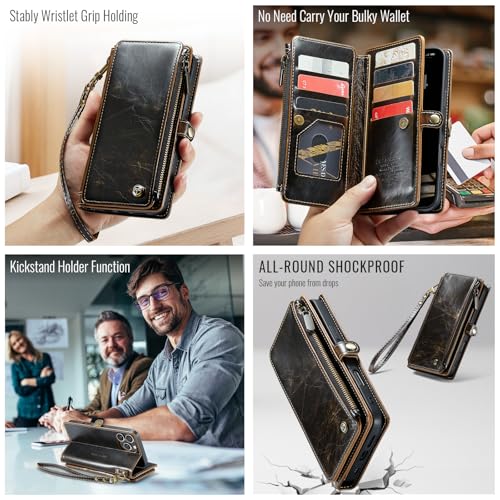 Defencase for iPhone 16 Pro Max Wallet Case with RFID Card Holder, Coffee | Durable Soft PU Leather, with Zipper Pocket, Wrist Strap, Fashion Snap Flip Phone Cases Cover with Stand for Women and Men - color: Coffee