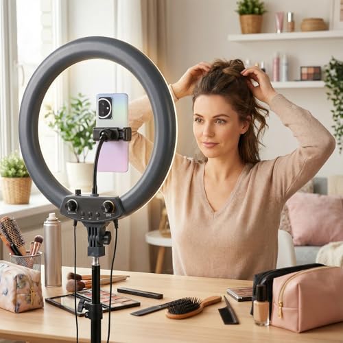 Flexible Phone Mount for Ring Light, Flexible Cell Phones Tripod Mount Adapter, Ring Light Phone Holder Attachment, RingLight Phones Holder Replacement Clamp with 1/4 and Hot Shoe Adapter