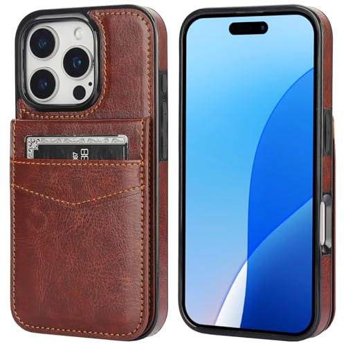 KIHUWEY for iPhone 16 Pro Wallet Case Card Holder Kickstand, Brown | Credit Card Slots, PU Leather, Magnetic Clasp, Flip Heavy Duty Protection Cover for Men and Women - color: Brown