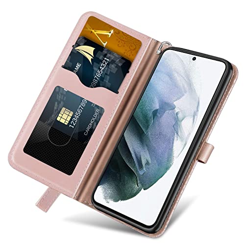 Wallet Case for Samsung Galaxy S22 Ultra with Card Holder/Slot,Leather Flip Folio Stand Shell Magnetic Closure Wrist Strap Kickstand Phone Case(Galaxy S22 Ultra 6.8 inch) Rose Gold - color: Rose gold, size: Samsung Galaxy S22 Ultra