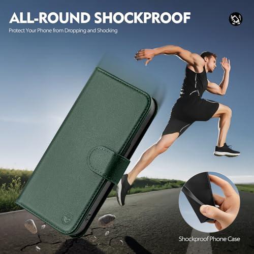 Compatible with iPhone 14 Pro Max Genuine Leather Case Wallet with Card Holder,Women Men Real Leather Flip Folio RFID Blocking Credit Card Slots Phone Cover,for Apple 14 ProMax,Green - color: Green, size: iPhone 14 Pro Max - 6.7"