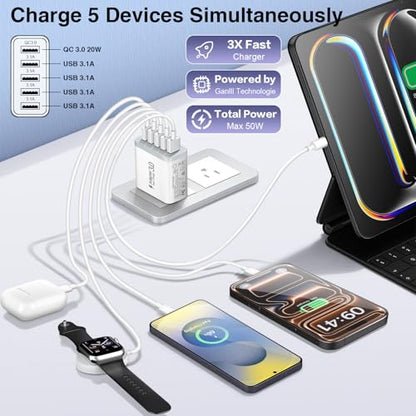 2Pack 50W USB Wall Charger, 5-Port Fast Charging Block Cube Power Plug - color: White | 2-Pack | 5-Port
