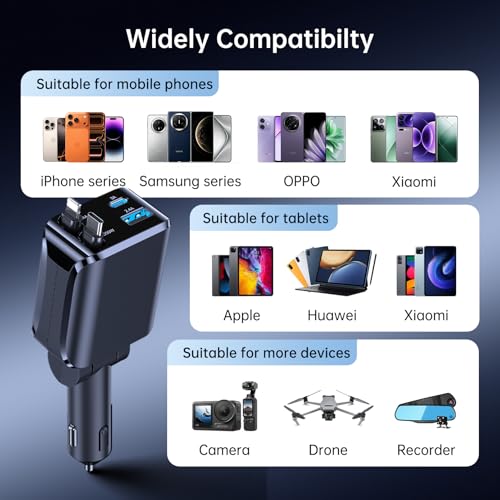 4 in 1 Retractable Car Charger, 69W Fast Charging USB C Car Charger with 2 Built-in Cables & Dual Ports, Multi Port Car Phone Charger Adapter for iPhone 17/16/15, Tablets, Android - color: Black Dual Cable