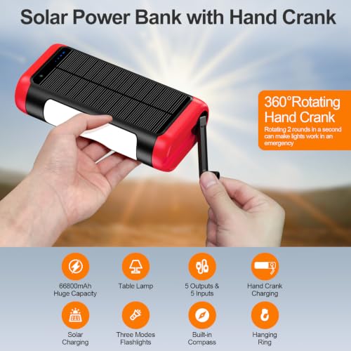 Solar Power Bank Portable Charger 66800mAh Battery Pack for Camping(Red) - color: Red