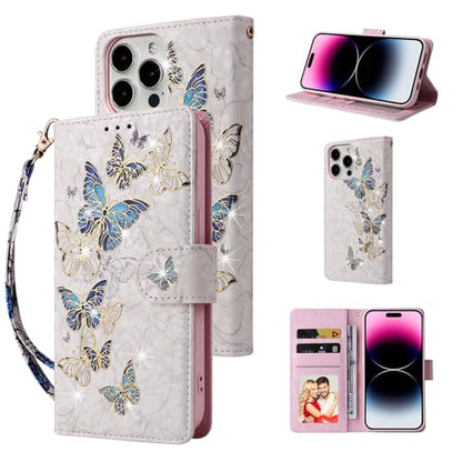 UEEBAI Wallet Case for iPhone 14 Pro, PU Leather Phone Cover Kickstand RFID Blocking Flip Case Card Slots Wrist Strap Relief Engraved Pattern Magnetic Closure Flower Folio Wallet, Blue Butterfly - color: Blue Butterfly, size: iPhone 14 Pro