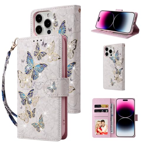 UEEBAI Wallet Case for iPhone 13 Pro Max, PU Leather Phone Cover Kickstand RFID Blocking Flip Case Card Slots Wrist Strap Relief Engraved Pattern Magnetic Closure Flower Folio Wallet, Blue Butterfly - color: Blue Butterfly, size: iPhone 13 Pro Max