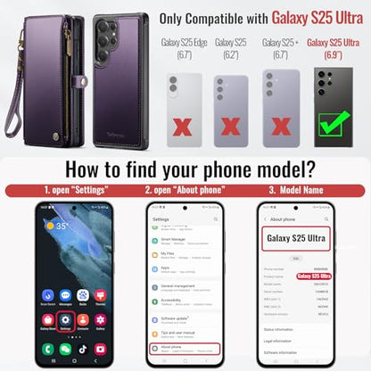 Defencase for Galaxy S25 Ultra Case Wallet Compatible with Magsafe, Purple | Magnetic Detachable, RFID Bolcking Card Holder, Zipper Strap, PU Leather Drop-Proof Phone Cover for Samsung Galaxy S25 Ultra - color: (Detachable with Magsafe)-Purple