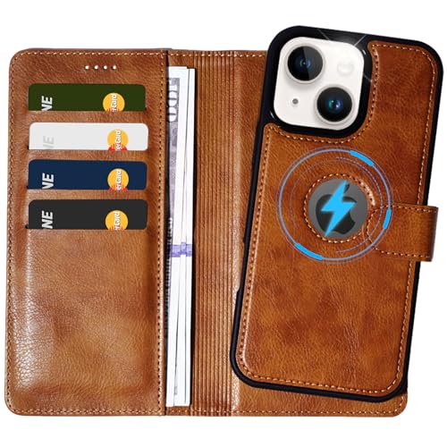 2 in 1 PU Leather for iPhone 14 13 Case, Detachable Wallet Case with Card Holder, Removable Flip Folio Cover with RFID Blocking, Stand Shockproof Phone Cover（Compatible with MagSafe） Brown - color: Brown, size: Iphone 14 / 13