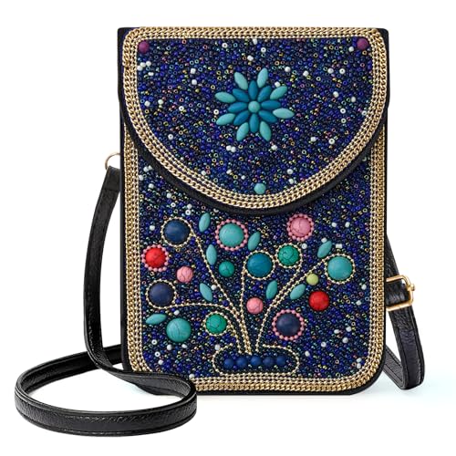 Small Beaded Crossbody Bag for Women, Boho Cell Phone Shoulder Purse Wallet with Handcrafted Colorful Beads - color: Tree-7