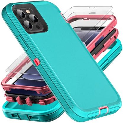 YKHJKLEC for iPhone 12/12 Pro Case, Military Grade 3 in 1 Heavy Duty Shockproof/Drop Proof/Dust Proof with 2Pcs Tempered Glass Screen Protector (Aqua Blue/Pink) - color: Aqua Blue/Pink