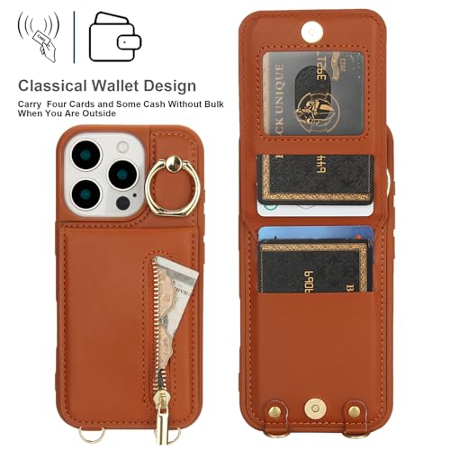 Crossbody Wallet Case for iPhone 12 Pro Max, with Card Slots Zipper Pocket Case, Flip Folio Purse RFID Blocking with Ring Kickstand Detachable Strap-Brown - color: Brown, size: iPhone 12 Pro Max(6.7")