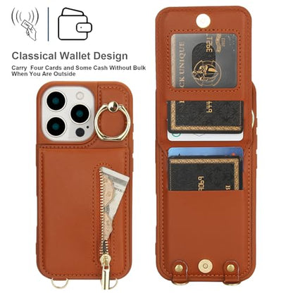 Crossbody Wallet Case for iPhone 12 Pro Max, with Card Slots Zipper Pocket Case, Flip Folio Purse RFID Blocking with Ring Kickstand Detachable Strap-Brown - color: Brown, size: iPhone 12 Pro Max(6.7")