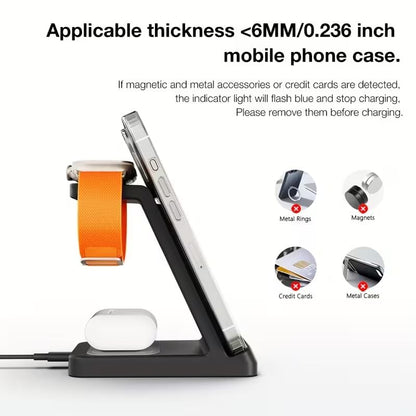 Fast Wireless Charging Station, Transform Your Workspace with Our 3-in-1 Wireless Charger & Stylish Charging Stand with Phone Holder for Home and Office,Black
