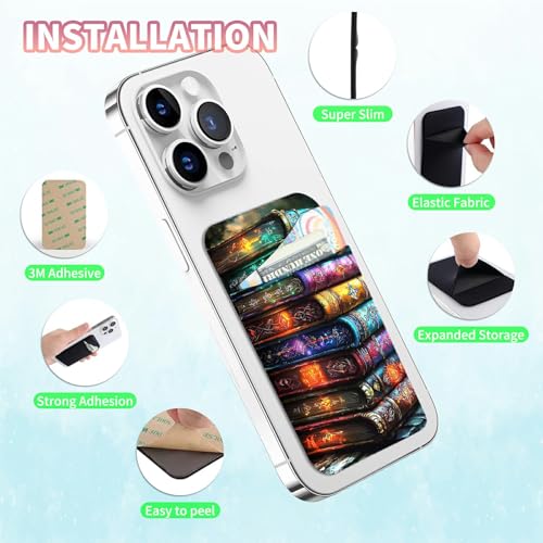 Phone Credit Card Holder Stick on, Cell Phone Pocket Self Adhesive Stretchy Stick on Wallet ID Credit Card Case Pouch Sleeve with Flap for All Smartphones, Colorful Books - color: Colorful Books