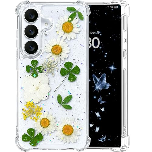 [Real Dried Flower] for Samsung Galaxy S26 Case Clear Glitter Dried Pressed Flower Case for Galaxy S26 Cute Soft Silicone TPU Bling Sparkle Women Girls Floral Cover(Daisy & Leaf) - color: Daisy, size: for Galaxy S26