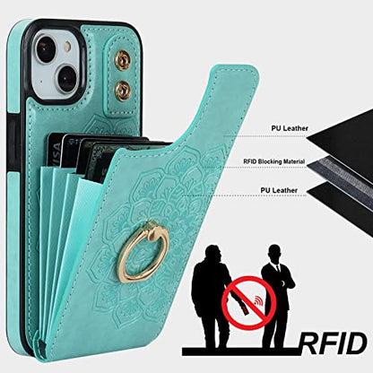 HAOPINSH for iPhone 13/ iPhone 14 Wallet Case with Card Holder, 360°Rotation Ring Kickstand, Green Mandala Pattern, RFID Blocking Leather for Girls Women, Double Buttons Flip Protective Cover 6.1" - color: Green Mandala