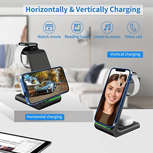 Wireless Charger iPhone,YOCUNKER 3 in 1 Qi Fast Wireless Charging Station Stand Dock for Multiple Devices Apple Watch Series 7/SE/6/5/4/3/2, Airpods 3/Pro/2,iPhone 14/13/12/11 Pro Max/X/XR (Black) - color: Black